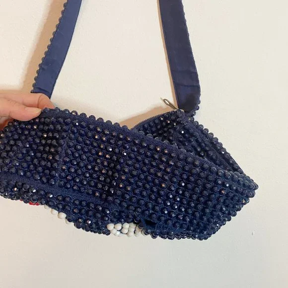 Vintage Roger Van S Blue & Red Beaded Gemoetric Shoulder Purse - Picture 5 of 7